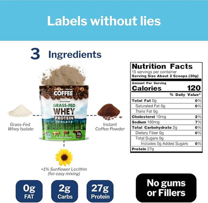Opportuniteas Grass Fed Coffee Whey Protein Isolate Powder - 27g Protein Powder Without Artificial Sweeteners, Hormone-Free Cows, Non GMO - 2.5lb
