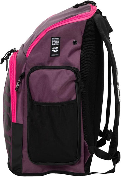 ARENA Spiky III Backpack 45 Swimming Athlete Sports Gym Rucksack Large Training Gear Equipment Swim Bag for Men and Women, 45 Liters, Plum/Neon Pink