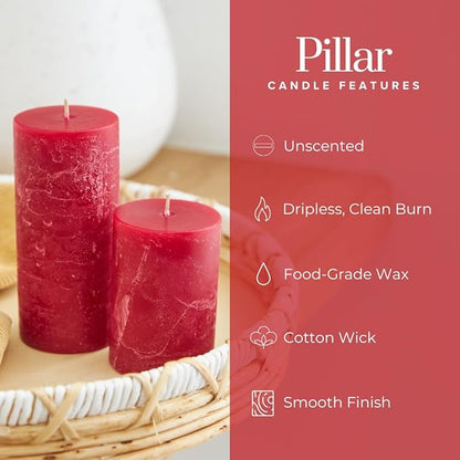 Simply Soson 3x4, 3x6, 3x8 inch Red Pillar Candles, Set of 3 Pillar Candles, Rustic Texture, Unscented Red Candles, Dripless Candles, Ideal as Wedding, Parties, Spa, Dinner, Home Decor, Church