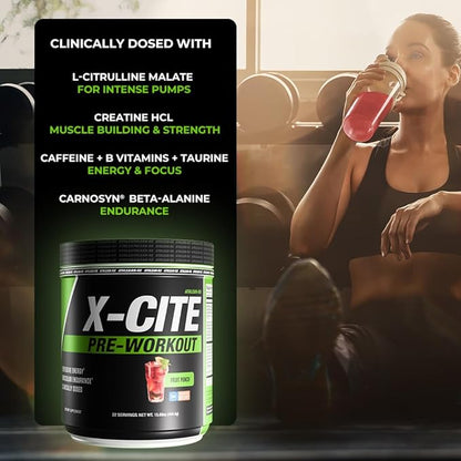 X-CITE Pre-Workout by ATHLEAN-X - Enhanced Formula with Beta-Alanine, Creatine & Caffeine for Ultimate Energy, Endurance, Focus & Muscle Pump, NSF Certified for Sports (22 Servings, Fruit Punch)