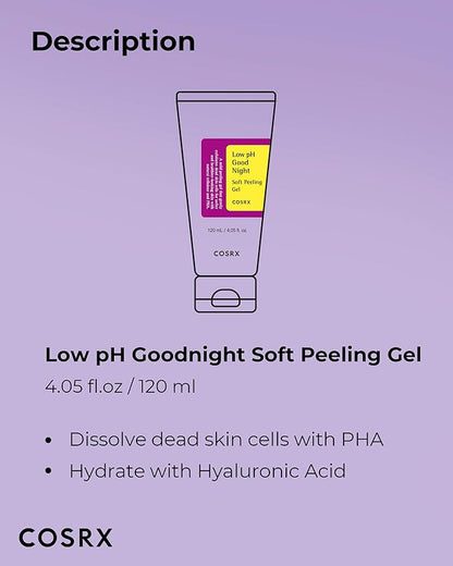 COSRX Low pH Good Night Soft Peeling Gel, 4.05 fl oz / 120ml, Mildly Exfoliating PHA For Sensitive Skin with Natural Cellulose, Radiating, Cleansing, Not Tested on Animals, Korean Skin Care
