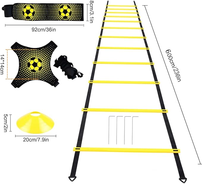 Soccer Speed Agility Training Set - 20FT Agility Ladder 12/16 Sports Cones and Soccer Kick Trainer Football Training Equipment Footwork Drills for Youth and Adults