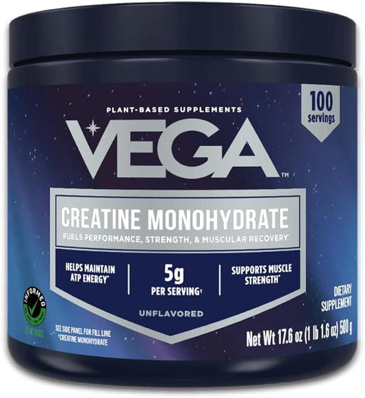 Vega Creatine Monohydrate Micronized Powder, Pure Unflavored, 100 Servings, 5000mg Per Serving