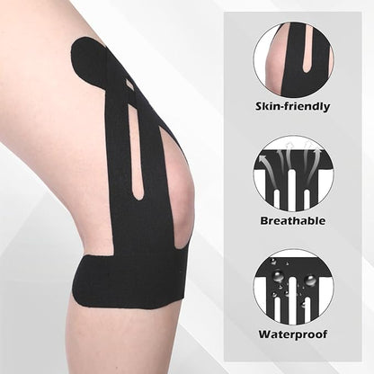 12 Pcs Precut Kinesiology Tape for Knees，Knee Tape for Knee Pain Relief Pre Cut，Waterproof, Breathable, Hypoallergenic Athletic Tape for Support and Protection (Black)
