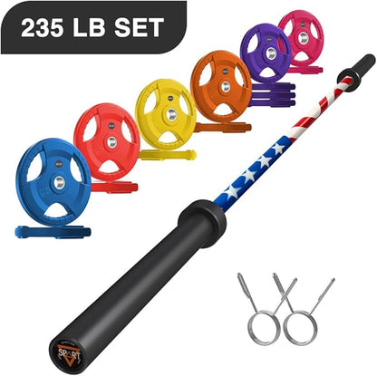 7FT Olympic Barbell Bar with Weight Plate Set Combo, Solid Olympic Bar with Bearings, 700Lbs Capacity Weight Bar for Home Gym Strength Training, Weightlifting, Powerlifting, Fit for 2" Olympic Plates