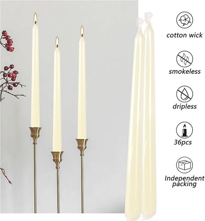 36 Pack Ivory White Taper Candles, 7-8 Hours Burn Time, Unscented, Smokeless and Dripless, 0.8 x 10 Inch Dinner Candle Set for Household, Wedding, Party and Home Décor Candlesticks