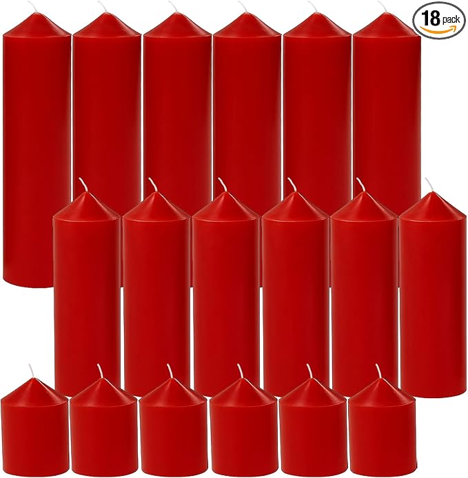 18 Pcs Red Pillar Candles Bulk Set，Hurricane Candlesï¼? Different Lengths (6 Each)，Dripless Unscented Smokeless，Gives You a Better Atmosphere When Organizing Wedding or Event Party.
