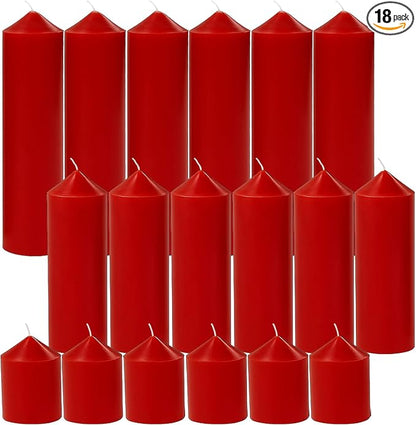 18 Pcs Red Pillar Candles Bulk Set，Hurricane Candlesï¼? Different Lengths (6 Each)，Dripless Unscented Smokeless，Gives You a Better Atmosphere When Organizing Wedding or Event Party.