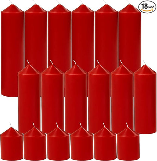 18 Pcs Red Pillar Candles Bulk Set，Hurricane Candlesï¼? Different Lengths (6 Each)，Dripless Unscented Smokeless，Gives You a Better Atmosphere When Organizing Wedding or Event Party.