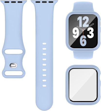 Compatible for Apple Watch Band 44mm 45mm and Case with Screen Protector, Soft Silicone Sport Strap Bands and Protective Cover with Tempered Glass for iWatch Series 9 8 7 SE 6 5 4