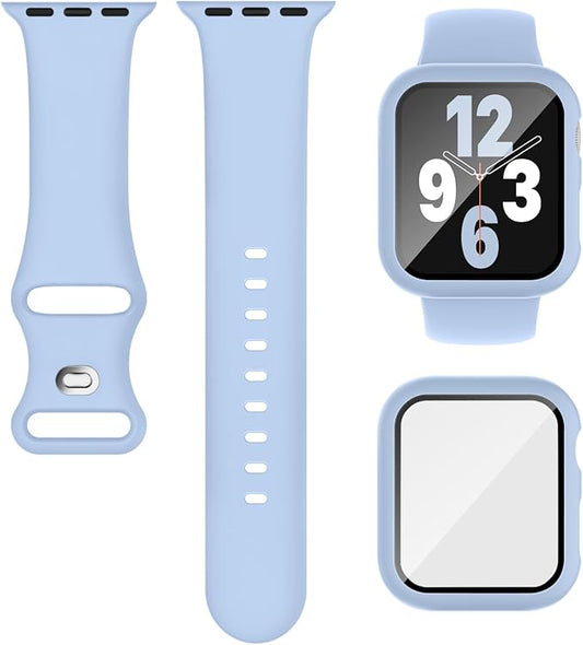 Compatible for Apple Watch Band 40mm 41mm and Case with Screen Protector, Soft Silicone Sport Strap Bands and Protective Cover with Tempered Glass for iWatch Series 9 8 7 SE 6 5 4