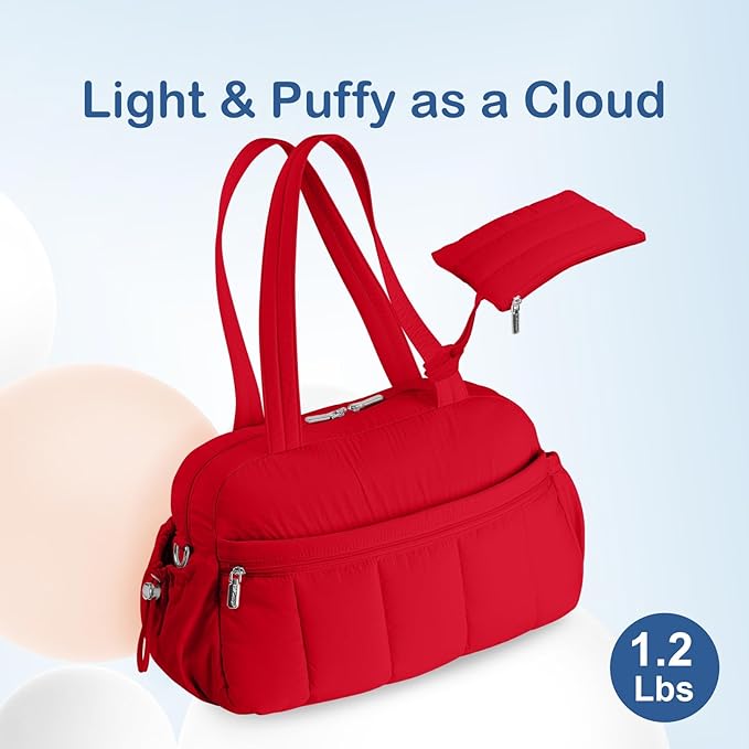 TOPDesign Travel Duffel Bag for Women, Puffer Gym Bag Sports Tote with Wet Pocket, Carry On Weekender with Luggage Sleeve (Red)