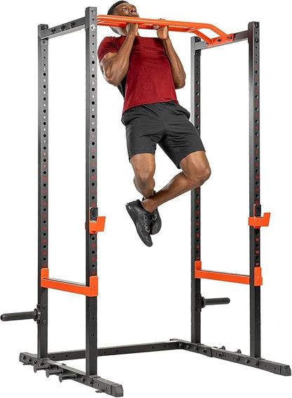 Sunny Health & Fitness Power Zone Strength Rack Power Cage - 1000 LB Weight Capacity, Spotter Bar, Angled Pull-Up Bar, J-Hooks, Resistance Band Pins, Optional LAT Pull Down