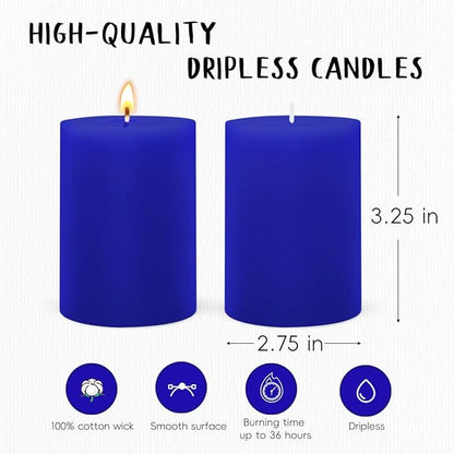 6 Packs 2.75x3.25 Inch Blue Colored Pillar Candles, Unscented Dripless Non-Toxic Smokeless Clean Long Lasting Burning Cylinder Candles for Home Dinner Table Decoration Emergency Power Outage