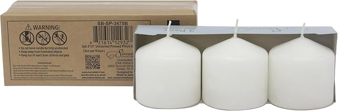 Stonebriar 3 Pack Tall 3 x 3 Inch 18 Hour Long Burning Unscented White Wax Pillar Candles