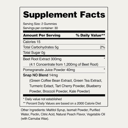 Snap Supplements Beet Root Gummies, Nitric Oxide Supplement with Organic Beets, Vitamins, Pomegranate and Antioxidants for Energy, Circulation Support, 60 Sugar Free Gummies, Peach