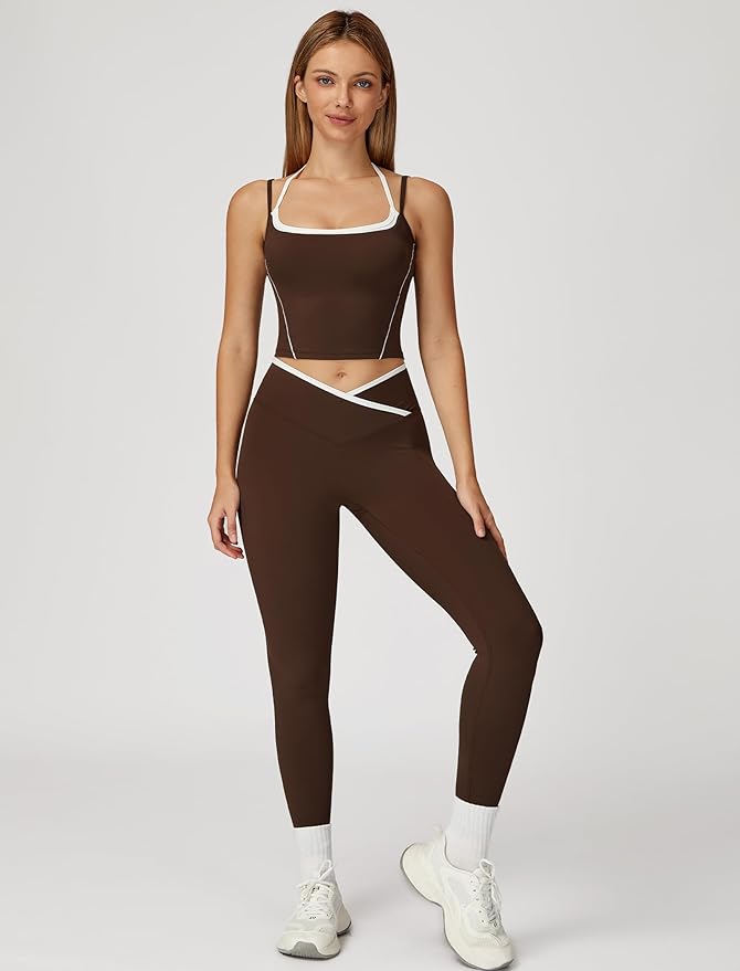 ABOCIW Workout Sets for Women 2 Piece Color Block Strappy Sports Bra High Waist Leggings Gym Yoga Pilates Outfits