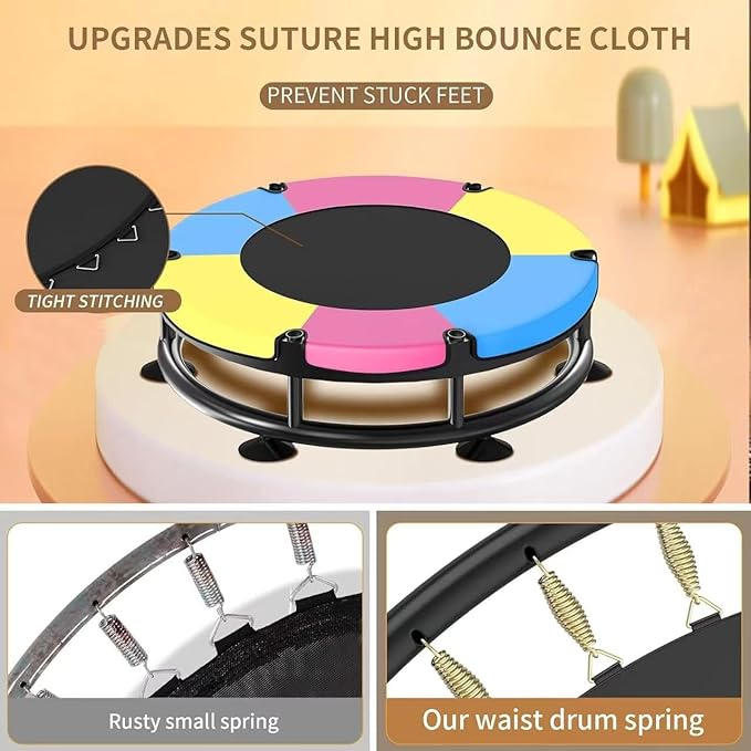 Trampoline for Kids, Full Anti-Rust 440lbs Anti-Rollover Round Bottom Toddler Trampoline, T-handrail Adjustable Baby Toddler Trampolines Dart Board