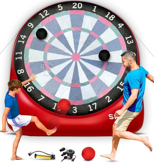 SWOOC Games - XL Giant Kick Darts (Over 8ft Tall) with 15+ Games Included - Jumbo Soccer Darts w/Air Pump - Big Inflatable Games - Carnival Games - Giant Outdoor Games & Activities - Giant Yard Games