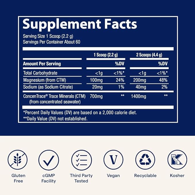 Trace Minerals ConcenTrace Daily Mineral Powder - Supports Energy, Digestion, Bone Health - 70+ Multiminerals Supplement with Ionic Magnesium, Chloride, & Potassium, Sugar-Free (60 Servings)