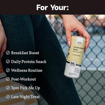 Slate Milk - High Protein Iced Coffee - Sweet Cream Latte - 175mg Caffeine, Lactose Free Energy - 20g Protein, 1g Sugar, 100 Calories, 1g Net Carbs, No Sugar Added - Protein Coffee - 11 fl oz, 12 Cans