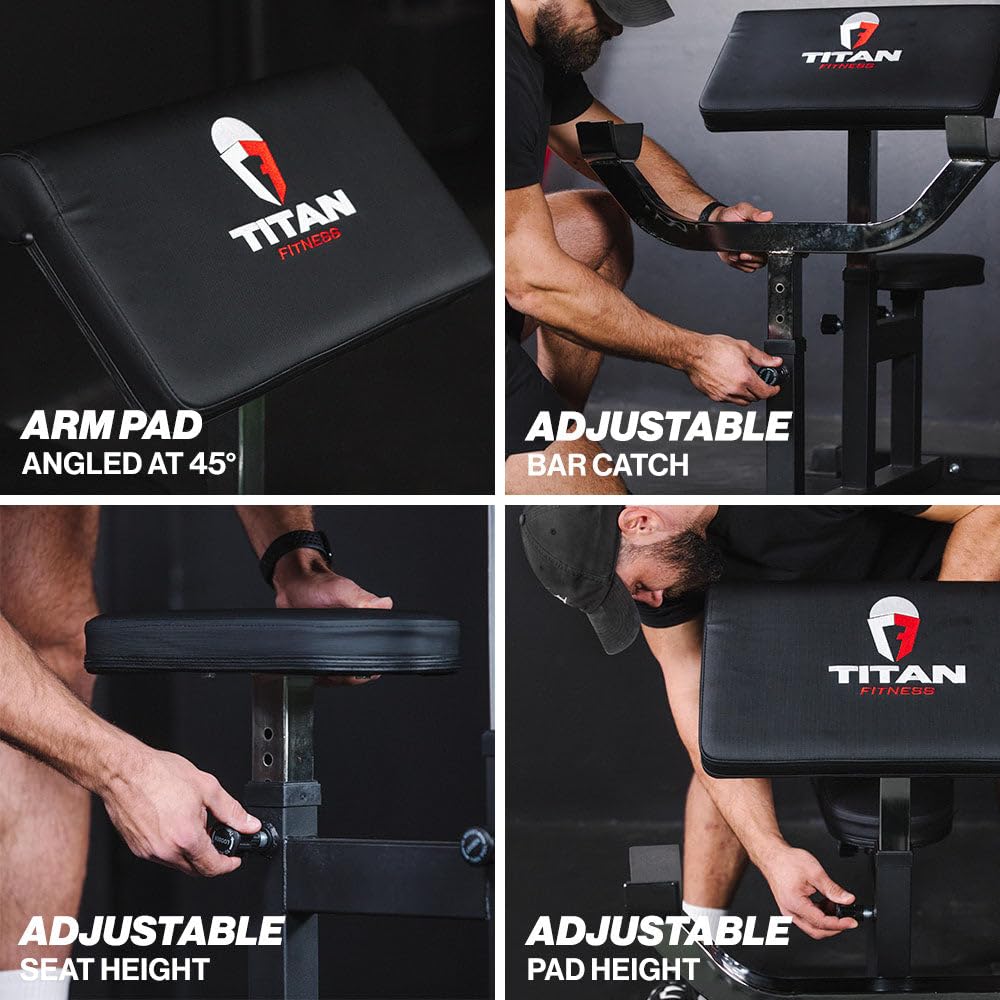 Titan Fitness Adjustable Preacher Curl Weight Station, 250 LB Capacity, Adjustable Bench Seat