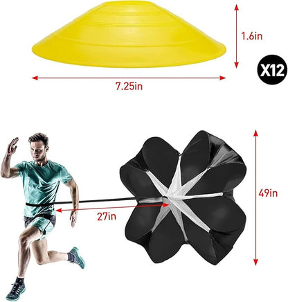 Pro Speed & Agility Training Set—Includes 12 Rung 20ft Adjustable Agility Ladder with Carrying Bag, 12 Disc Cones, 4 Steel Stakes, 1 Resistance Parachute, Use Equipment to Improve Footwork Any Sport