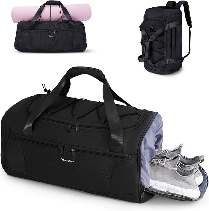 Sportsnew Gym Bag for Men Women with Shoe Compartment Wet Pocket,Yoga Bag with Yoga Mat Holder,Duffel Bag for Travel with Laptop Compartment,Weekender Overnight Carry On Bag(Black Patent Pending)