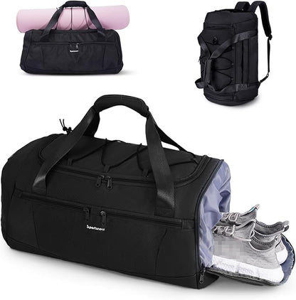 Sportsnew Gym Bag for Men Women with Shoe Compartment Wet Pocket,Yoga Bag with Yoga Mat Holder,Duffel Bag for Travel with Laptop Compartment,Weekender Overnight Carry On Bag(Black Patent Pending)