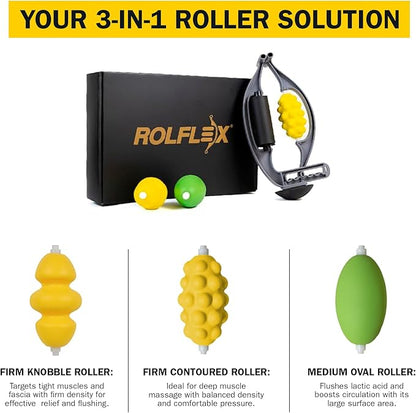 Rolflex The Massage Combo ??3-in-1 Roller for Muscles Deep Tissue with Firm Knobble, Contoured Muscle & Medium Oval Foam ??Portable & Easy to Use Arm Massager & Leg Roller