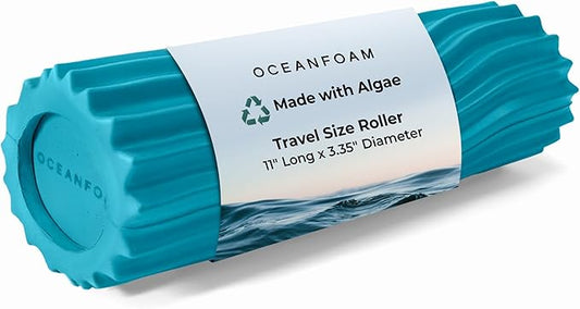 Oceanfoam Ripple Travel Foam Roller (11" x 3.35") Firm Mini Foam Roller for Physical Therapy, Deep Tissue Massage, Back Pain, High Density, Ergonomic Wave Textured, Yoga, Pilate, Exercise (Miami Blue)