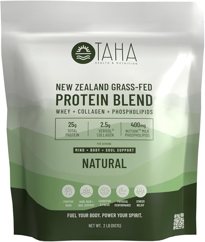 Taha Health & Nutrition Mind + Body Protein Blend ??Natural, Unflavored | 25g Protein from Whey & Collagen + 400mg Milk Phospholipids | Grass-Fed, Free-Range New Zealand Dairy | 2LB