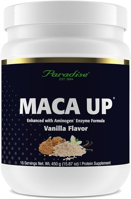 Paradise Herbs Maca Up Vanilla Vegan Protein Powder, Organic Pea & Brown Rice, Maca Root, Aminogen Digestive Enzyme Blend, Nutrim Oat Bran Fiber, 15 Servings, 450?¯g