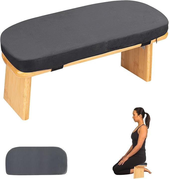 Meditation Bench with Cushion Foldable Ergonomic Bamboo Kneeling Stool Seiza Bench Wooden Meditation Stool Chair Zen Lotus Yoga Stool Floor Sitting Prayer Bench Removable Pillow