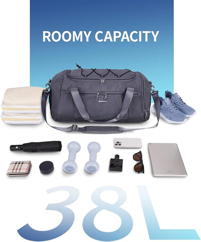 Sportsnew Gym Bag for Women with Shoe Compartment Wet Pocket and Yoga Mat Holder,Mens Duffel Bag for Travel with Laptop Compartment,Weekender Overnight Carry On Bag for Men(Grey Patent Pending)