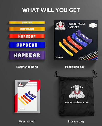 HAPBEAR Pull Up Assistance Bands Set of 5 - Resistance Bands for Working Out, Stretching, Physical Therapy, Muscle Training