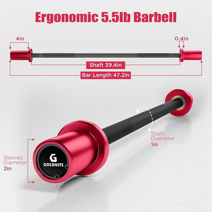 5.5LB Mini Barbell Bar 4Ft for Beginners Women & Kids-100LB Capacity Lightweight Weightlifting Bar- Multi-Color for 2-Inch Weight Plates Total Body Workout Strength Training Home Gym