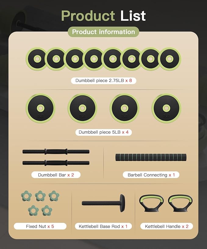 Adjustable Dumbbell Set 22/42/62LBS, 5-in-1 Free Weight Dumbbell Set Used as Dumbbell，Kettlebell,Barbell, Push-Up Stand,Weight Plate, Iron Sand Weights Set with Connector ,Fitness Exercises for Home Gym Suitable Men/Women