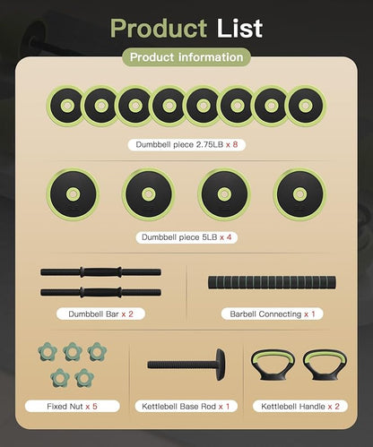 Adjustable Dumbbell Set 22/42/62LBS, 5-in-1 Free Weight Dumbbell Set Used as Dumbbell，Kettlebell,Barbell, Push-Up Stand,Weight Plate, Iron Sand Weights Set with Connector ,Fitness Exercises for Home Gym Suitable Men/Women