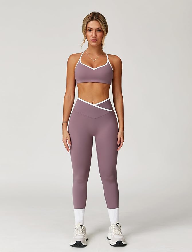 ABOCIW Workout Sets for Women 2 Piece Color Block Strappy Sports Bra High Waist Leggings Gym Yoga Pilates Outfits