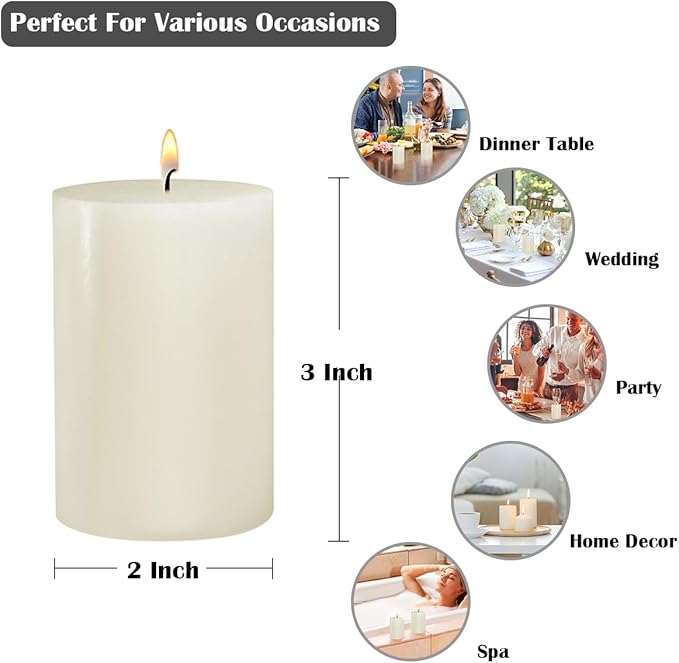 2x3 Inch Ivory Pillar Candles Small Unscented Dripless 24 Hours Column Candles for Dinner Table Christmas Wedding Home Relaxation Spa Church, 4 Packs, IVORY-2X3INCH-4PCS
