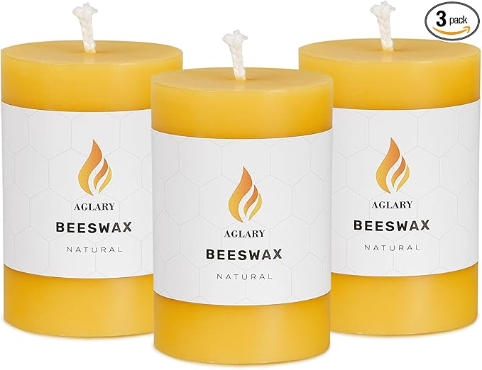 3PCS Beeswax Pillar Candles,Large Handmade Pure Beeswax Candle,Long Lasting Burn Time，Unscented Smokelessï¼? * 3",20H, Raw