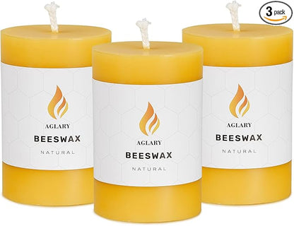 3PCS Beeswax Pillar Candles,Large Handmade Pure Beeswax Candle,Long Lasting Burn Time，Unscented Smokelessï¼? * 3",20H, Raw