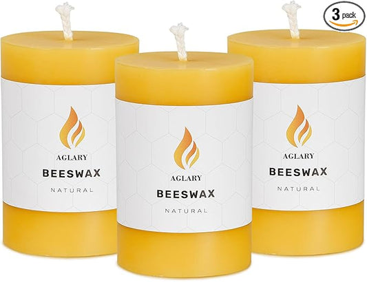 3PCS Beeswax Pillar Candles,Large Handmade Pure Beeswax Candle,Long Lasting Burn Time，Unscented Smokelessï¼? * 3",20H, Raw