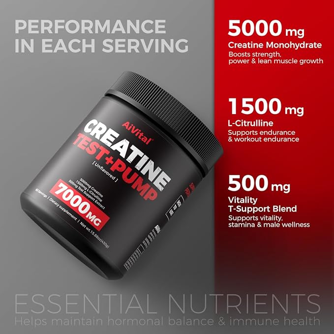 AiVital™ Creatine Powder for Men–5000mg Creatine Monohydrate with 1500mg L-Citrulline & 500mg Vitality Blend for Men–Strength, Performance,Muscle Pump&Recovery Support–Unflavored,60 Servings, 450g
