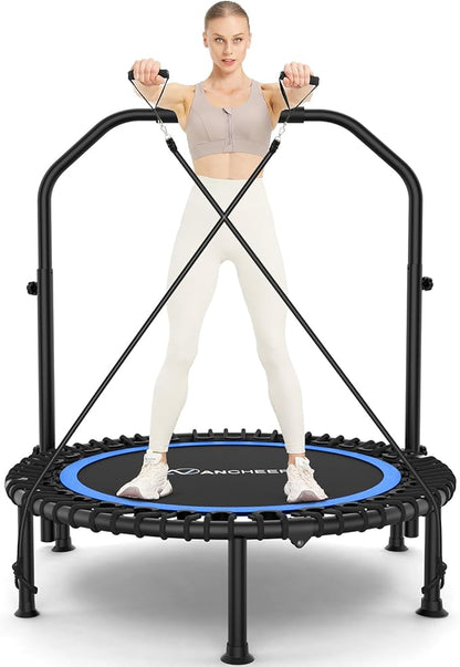 ANCHEER 40" Foldable Mini Trampoline,Max Load 450lbs/550lbs Indoor Trampoline,with 4 Level Adjustable Foam Handle and Resistance Bands,Adult Exercise Trampoline for Home, Garden, and Gym