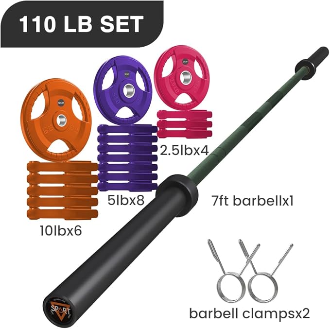 7FT Olympic Barbell Bar with Weight Plate Set Combo, Solid Olympic Bar with Bearings, 700Lbs Capacity Weight Bar for Home Gym Strength Training, Weightlifting, Powerlifting, Fit for 2" Olympic Plates