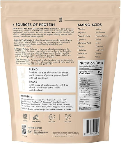 JUST INGREDIENTS Chai Protein Powder ??30-Serving Blend with 100% Grass-Fed Whey & Organic Plant Proteins ??Warm Spice Flavor with Cinnamon, Ginger & Cardamom ??Supports Muscle Recovery, Energy*