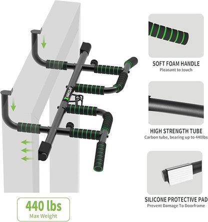 New Upgrade Pull Up Bar for Doorway with Ergonomic Grip - Upto 440 Lbs Capacity, No Screwing or Slipping - USA Original Patent, Designed, Shipped, Warranty