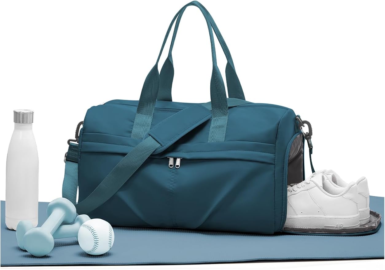Gym Bag for Women Men with Shoe Compartment, Sport Duffel Bag, Waterproof Travel Weekender Overnight Carry on Bag for Yoga with Trolley Sleeve, Peacock Blue